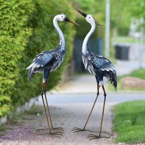 Oritty 33-35 Inch Blue Heron Garden Statues for Outside, Metal Cranes for Yard Outdoor Decor, Standing Bird Sculptures for Patio, Lawn, and Backyard, Garden Sculptures & Statues, Set of 2