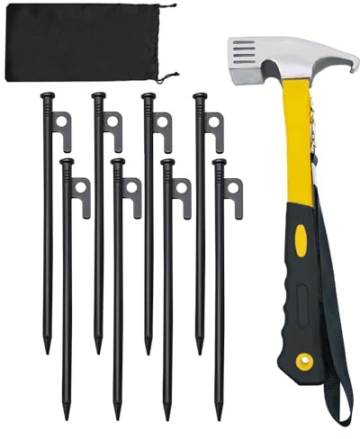 Hniuyun Juego de piquetas y martillos para tienda de campaña, 8 estacas de acero forjado resistente de 25 cm con martillo de camping y bolsa de almacenamiento para jardinería, senderismo y actividades