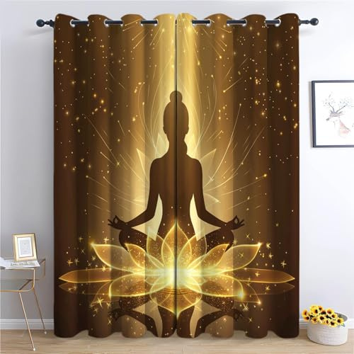 Srigzcaly Stern-Yoga-Lotus Verdunkelungsvorhänge, 2er Set Gold Gardinen H214 x B91.5 cm, Blickdichte Thermovorhänge mit Ösen für Wohnzimmer Schlafzimmer Deko