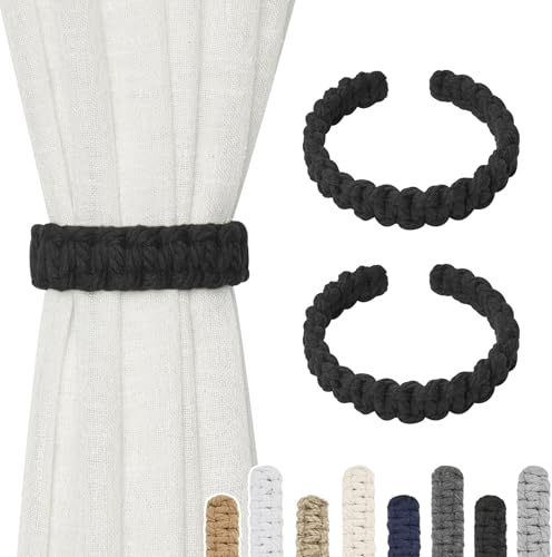 Pretty Jolly Vorhang Raffhalter aus natürlichem Baumwollseil, eleganter, dekorativer Vorhang-Raffhalter im Boho-Stil, weiche, handgewebte Seil-Vorhanghalter für Zuhause und Büro, B-Schwarz, 2 Stück