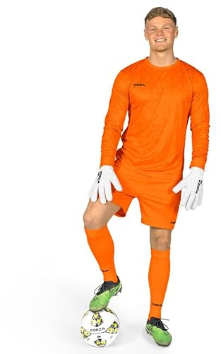 FORZA Långärmad målvaktskit för män [XS-XXL] | Elite Performance fotbollströja, shorts och strumpor - finns i 4 djärva färger, Fluro Orange, XL