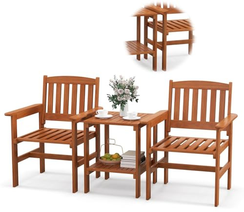 RELAX4LIFE Tavolo da Giardino con Sedie, Tavolino a 2 Livelli con Foro per Ombrellone (4cm), Poltrona Ergonomiche a Doghe Impermeabile, Set 3 Pezzi in Legno per Esterno (Arancione, Separato)