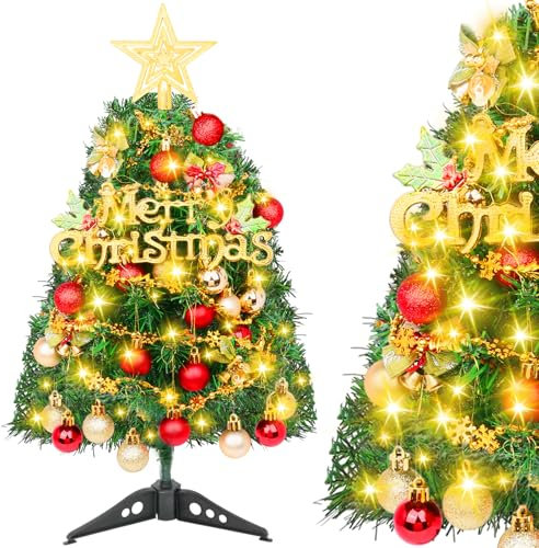 Mini Árbol de Navidad Pequeño 50cm, Arbol Navidad Artificial de Sobremesa Mesa Estrella de Copa de Arbol Decoración Escritorio Árboles Decorativo Casa Oficina Fiesta Navideñas (Rojo Dorado)