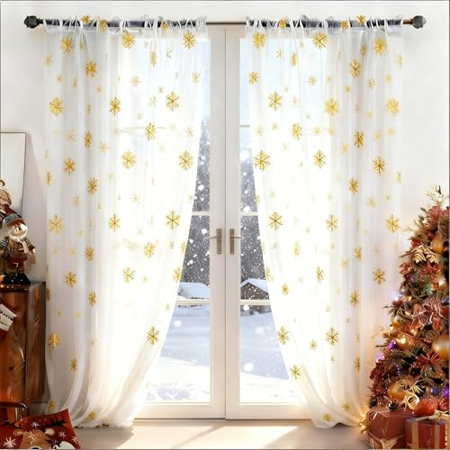MikiUp Christmas Snowflakes Sheer Curtains, Gold Foil Printed Semi Sheer Drapes, Rod Pocket Xmas Decoration Window Treatment Panels for Bedroom Living Room, White 52 x 63 inch