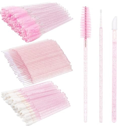 150 Pcs Eyelash Extension Supplies Kit,Disposable Lash Spoolies Brushes Micro Swab Brushes Mascara Wand Lip Brushes for Eyelash Extension Tattoo Lipstick Applicator (Crystal Pink)