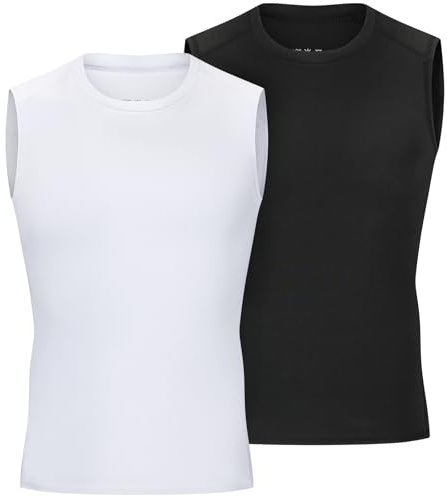 Anawakia Youth Boys Sleeveless Compression Shirt Quick Dry Basketball Football Undershirt Kids Athletic Tank Tops for Workout Soccer(Large,2 Pack:Black White)
