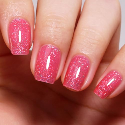 Imtiti Glitzer UV Nagellack, Erdbeer Rosa Schillernder Glitter Gel Nail Polish Soak Off Led UV Diamant Schimmer Glitzer UV Gel Nagellack Starter Maniküre 10ML