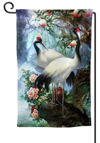 Chinesische Kraniche, Vögel, Pfirsichbaum-Druck, Kunst, Gartenflagge, Willkommensflagge, Gartenflagge, Dekoration, 31,8 x 45,7 cm