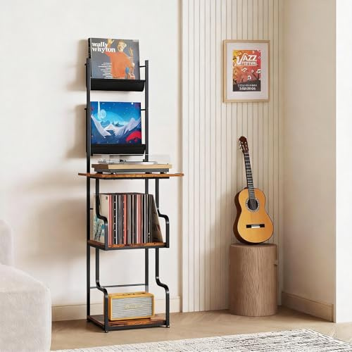 TJ.MOREE Record Player Stand with Vinyl Storage, Tall Record Player Table with Rack Turntable Stand and Record Holder Vinyl Display Shelf up to 210 Album, Corner Record Player Cabinet Organizer