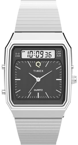 Timex mäns analog digital kvarts armbandsur med ett rostfritt stål armband Q dragkedja, silver, Armband