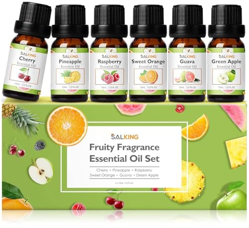 SALKING Eteriska oljor Set, Essential Oils 6x10mL Doftolja 100% Bio Aromaterapi Present Set för Diffuser, Luftfuktare, Massage, Körsbär, Ananas, Hallon, Söt Apelsin, Guava, Grönt Äpple
