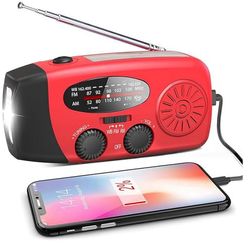 Radio Emergencia, Radio Portatil Pequeña Am FM, Radios Pilas Emergencia, Transistores Radios Pequeños con manivela Solar y Alarma SOS, Versátil Lámpara Reproductor para Cortes Energía (Rojo)