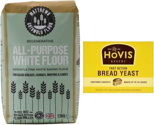 Matthews All Purpose White Flour 1.5Kg & Hovis Bakery Fast Action Yeast Sachets 7gX6 for Bread, Cakes, Muffins, Cookies, Pancakes & Hand Baking – High Protein 10.7% – Ideal for Bread Machines