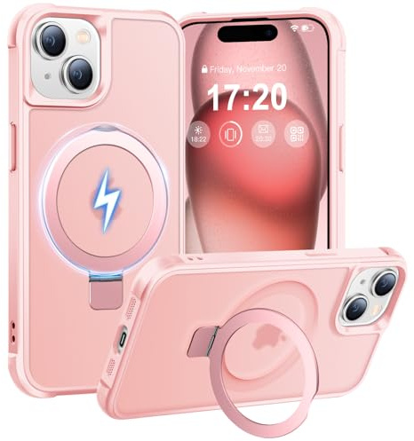 BENTIACC Coque pour iPhone 15 Magnétique Support 120°, Rose | N52 2800G, choc militaire, anti-rayures, anti-empreintes, antidérapant, résistant à la poussière – mains libres