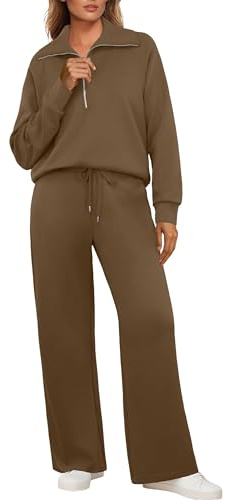 GRECERELLE Träningsset för damer, komplett höst-loungewear-set för kvinnor, träningskläder, tvådelade outfits, långärmad halvdragkedja, casual pullover-toppar och joggingbyxor med fickor, Kaffe, L