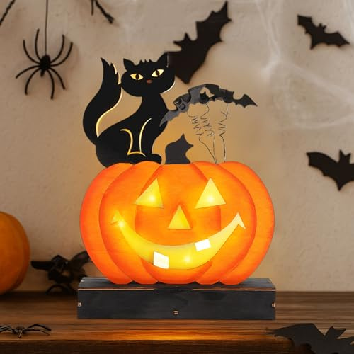 Halloween Deko Hölz LED Lampe Kürbis Lichter mit Sockel Batteriebetrieben Herbstdeko Beleuchtung für Innen und Außen Herbst Party Deko (Kürbis)