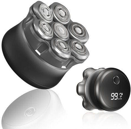 Rasoio Testa Calva Uomo 7D, Rasoio Elettrico Barba Magnetico, Regolabarba Uomo Wet/Dry, con 7 Testine Rotanti, Display LED e Ricarica USB Ricaricabile, per Capelli Barba e Viso Pulito (4in)