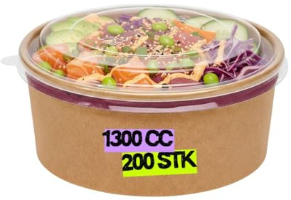 Inoverse 200 stycken kraftsalladsskålar med lock 1 300 ml – papperssalladsskålar To Go, salladsskålar, engångspappersskålar för sallader soppor, müsli snacks, runda ta bort skålar av hårt papper, brun