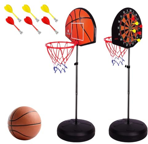 Canasta de baloncesto 2 en 1 para exteriores con soporte para diana, canasta de baloncesto para interior y exterior, diana con soporte, altura ajustable, 118-140 cm, cesta de baloncesto con dardos