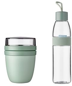 Mepal - Juego de almuerzo Ellipse - Taza de cereales y botella - Vaso de yogur para llevar - Subdivisión para yogur y cereales - Botella recargable - 1,2 ml - Nordic sage