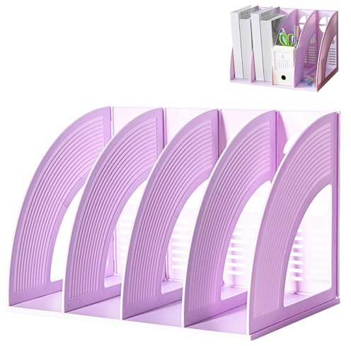 Portariviste da Scrivania, Portariviste con 4 Scomparti, Raccoglitore A4 in Plastica, Vassoio di Selezione per Raccoglitore Stand up Viola, Cartella Riviste e Libri Multiuso, per Casa, Ufficio