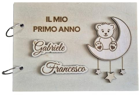Album Foto Neonato Il Mio Primo Anno in Legno – Diario Nascita con Dettagli 3D a Rilievo e Pagina Dati – Idea Regalo Battesimo e Nascita – Design Orsetto sulla Luna