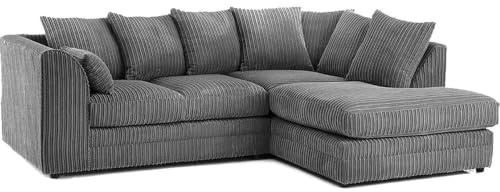 MM Living Jumbo Cord Corner Sofa, Right Hand Facing L Shape Fabric Corner Couch with Chaise, Deep Filled Cushions & Sturdy Wooden Frame for Living Room (Grey)