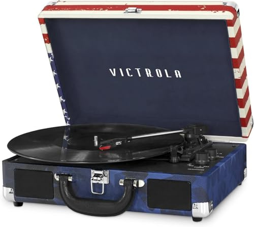 Victrola Journey Bluetooth Portable Suitcase Record Player – with Built-in Speakers, 3 Speed Vinyl Record Player, RCA Out, Headphone Jack (American Flag)