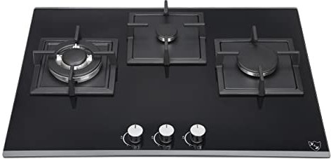 K&H Glas Gaskochfeld 70cm [3 ZONEN] - Gasherdplatten Erdgas - Wok Brenner - Thermoelement Flammenaustrittssystem - 3Z-KHGW-3 - Autark - Gasbetrieben - Gehärtetes Sicherheitsglas - Abschaltautomatik