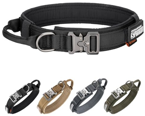 EXCELLENT ELITE SPANKER Militärt träningshalsband för hundar i nylon och justerbart taktiskt metallspänne med kontrollhandtag för medelstora hundar (BLK-M)