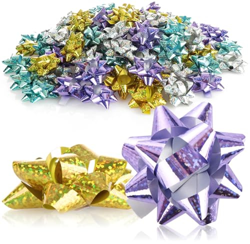 COM-FOUR® 100x Lazos de regalo en fantásticos colores - Lazos autoadhesivos con purpurina para decorar regalos