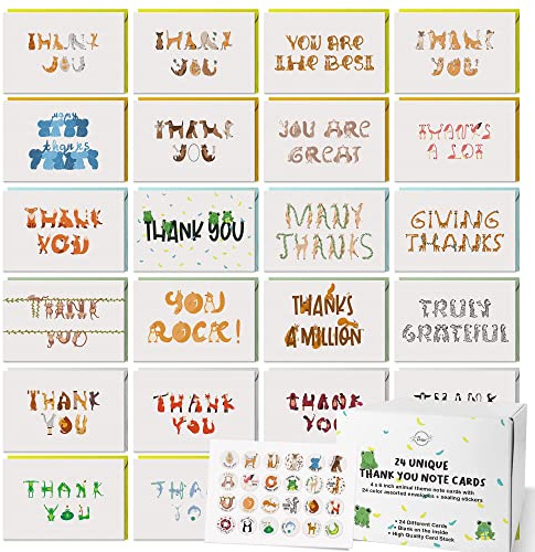 Dessie Thank You Cards Multipack with Envelopes and Sealing Stickers. 24 Unique Thank You Greeting Cards for Kids, Small Business