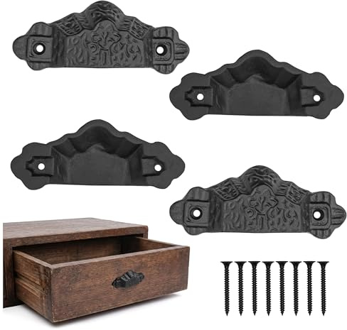 SaKeGa Mystic Colonial Rustic Cast Iron Drawer Pulls Set of 4 – Vintage Cabinet Cup Pulls for Colonial, Victorian, Gothic, Steampunk, Baroque, Medieval Décor (10.1x4.1 cm)