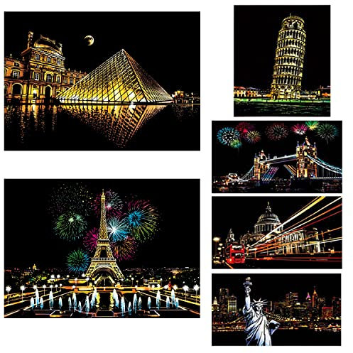 Georgie Porgy Kratzbilder Set DIY Bastelsets für Kinder Magic Rainbow Kratzpapier A4 A3 Postkarten für Weihnachten Geburtstagsgeschenk mit Kratzwerkzeuge Kit (A3-Paris+Louvre)