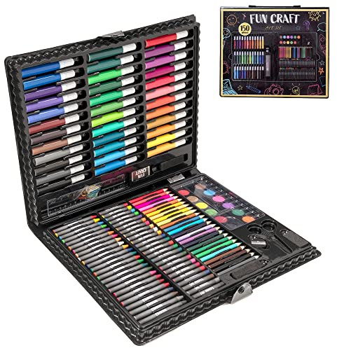 Fun Craft 150-Teiliges Malset mit Plastiketui| Malset für Kinder Kreativer Malkoffer | Kunst- und Malset Kinder ab 3 Buntstifte Skizzierstifte Aquarellfarben Malkasten Set | Malkoffer für Kinder
