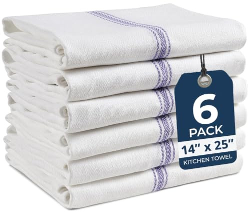 LANE LINEN Kitchen Towels, 6 Pack 14x25 Dish Drying Towels, 100% Cotton Tea Towel with Hanging Loop, Reusable Napkin, Durable After Multiple Washes, Soft & Absorbent - Blue Stripe
