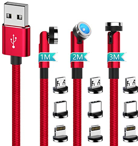 USB Ladekabel Magnetisch,540-Grad-Drehung USB-C-Ladekabel [3er Pack 1m/2m/3m rot] Kompatibel mit iPhone, iPad, Samsung Android-Telefonen und -Tablets,Micro-USB/Typ-C Anschluss kabel