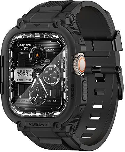 amBand Armband und Hülle Displayschutz Kompatibel mit Apple Watch Ultra 2/1 49mm, M1 Sport Serie Rugged Armbänder und Panzerglas Schutzhülle, Military Glas Case für iWatch 49 mm Herren Schwarz