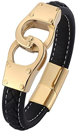 Lederarmband,Herren Armbänder Leder Golden Punk Handschellen Design Geflochtenes Lederarmband Modeaccessoires Schnalle Schwarzes Lederarmband Charm Schmuck Für Frauen Männer Geschenk 205Mm