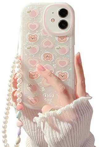 Ownest Compatible with iPhone 11 Case, Aesthetics Phone Case with Bear Love Heart Pattern for Girls Womens,Camera Protective Cute Phone Case for iphone 11 + Pearl Chain