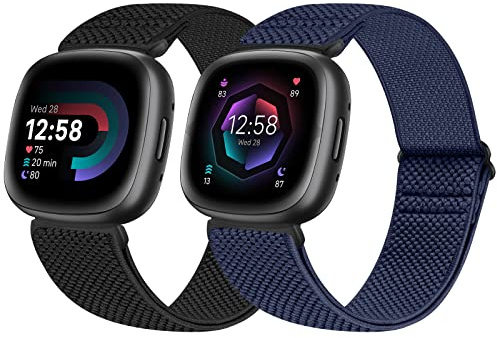 Enkic 2 Pack Elastic Watch Strap Compatible With Fitbit Versa 4/Sense 2, Adjustable Nylon Loop Sport Stretchy Replacement Wristband for Men Women, Black+Indigo