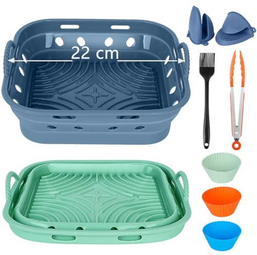 LOULANLUXE Silikonform Heißluftfritteuse Eckig Silikon Airfryer Zubehör 22 cm Faltbar Air Fryer Backform Entwurf der Luftzirkulation, Lebensmittelqualität, Pflegeleicht (Set1, Blau+Grün)