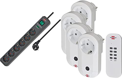 Brennenstuhl Eco-Line Steckdosenleiste 6-Fach mit Überspannungsschutz (Schalter und 1,5m Kabel) anthrazit & Funkschalt-Set RC CE1 4001, 4er Funksteckdosen Set Weiß