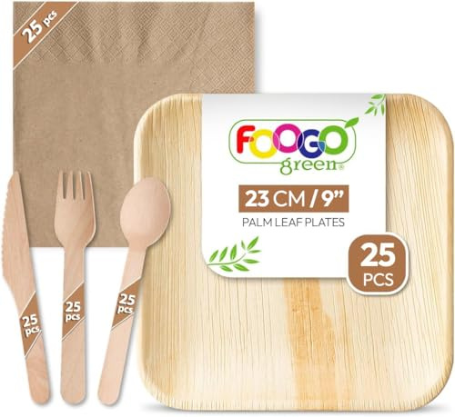 FOOGO Green 125pcs Disposable Palm Leaf Plates, Square, Brown Napkins | FSC® Certified, Wooden Cutlery Set and Brown Napkins, 25x Large Square Plates, 25x Forks, 25x Knives, 25x Spoons
