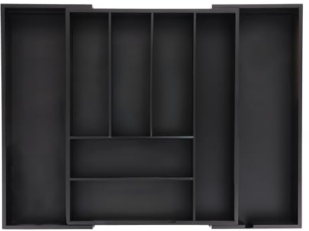 Relaxdays Besteckkasten ausziehbar, Bambus, HBT 6,5 x 35-58 x 43,5 cm, 6-8 Fächer, Besteckeinsatz für Schublade, schwarz | HBT 6,5 x 35-58 x 43,5 cm, 6-8 Fächer, Besteckeinsatz für Schublade