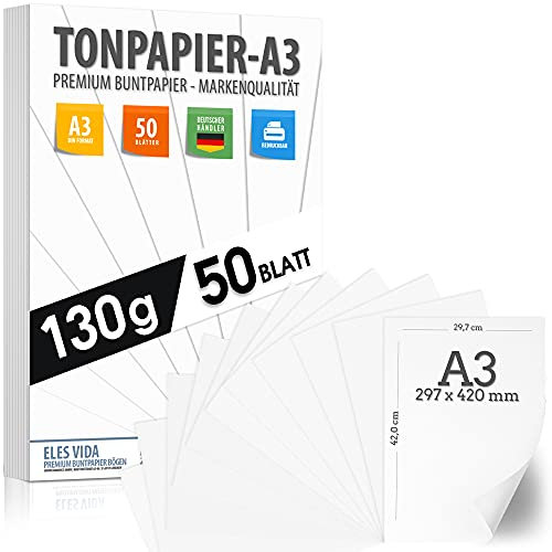 TONZEICHENpapier A3 – 130g – 50 Blätter – Bastel Bogen - Stabiles Zeichenpapier, Pappe zum Basteln, Zeichenkarton - DIY - Kreativ Zubehör für Fotoalben Weiß