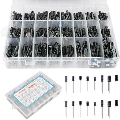 Nizirioo Kit de condensateurs électrolytiques 24 valeur 630 pièces Kit de condensateurs électrolytiques de 10 uF à 2200 uF 10 V 16 V 25 V 50 V Kit capacitor en aluminium avec boîte de rangement