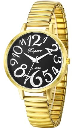 Avaner Montre pour Femme à Bracelet élastique:Montre Analogiques avec Grands Chiffres pour Voir l'heure Clairement Montre pour Les âgées/Mère avec Sac Cadeau-Or/Noir