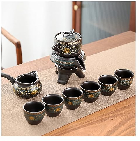ZALTAS Juego de té de cerámica China Kungfu, diseño de Molino de Piedra semiautomático, Tetera de cerámica Hecha a Mano, 6 Tazas de té japonés de Kung Fu, Juego de s A