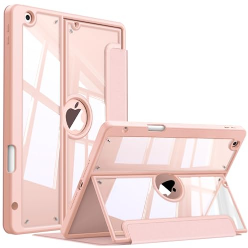 Fintie Clear Case for iPad 9th Generation (2021) / 8th Generation (2020) / 7th Gen (2019) 10.2 Inch - Multiple Angles Viewing Shockproof Soft TPU Cover with Pencil Holder, Rose Gold